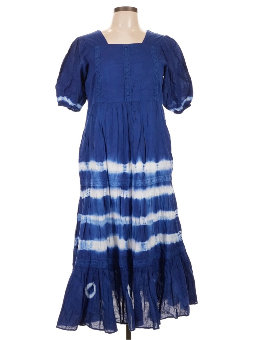 Navy Tie-Dye Maxi Dress with Square Neck and Puff Sleeves